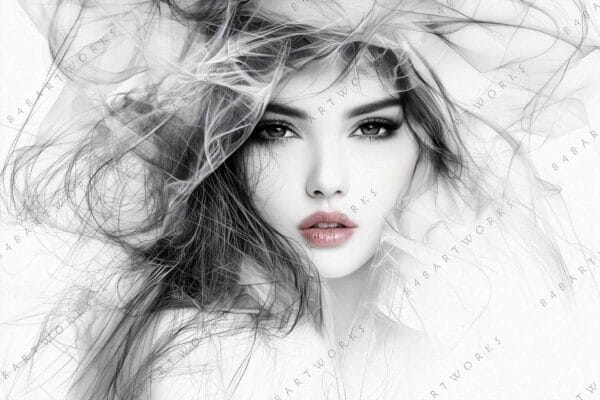 Black and white digital portrait of a woman's face with ethereal hair details.