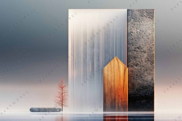 Minimalist digital art featuring geometric forms, a lone red tree, and muted colors.