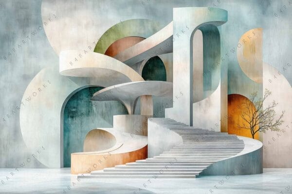 Abstract digital art of surreal architectural structures in muted beige, blue, and orange hues.