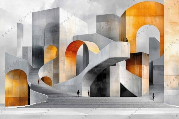 Futuristic digital artwork of abstract architecture with curved staircases in gray and orange.