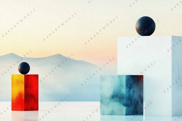 "Digital art of geometric shapes with mountains, featuring red, blue, and white blocks."