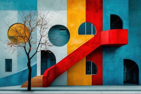 Painting of colorful geometric building facade with red staircase and bare tree.
