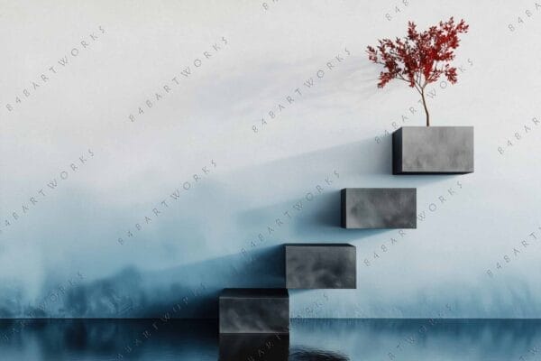 "Surreal digital art of a red tree on gray floating blocks in misty blue."