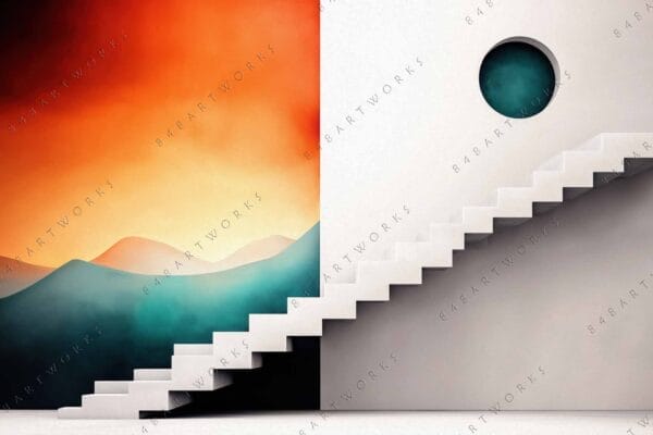 "Surreal digital art of abstract stairs with orange sunrise and teal mountains."