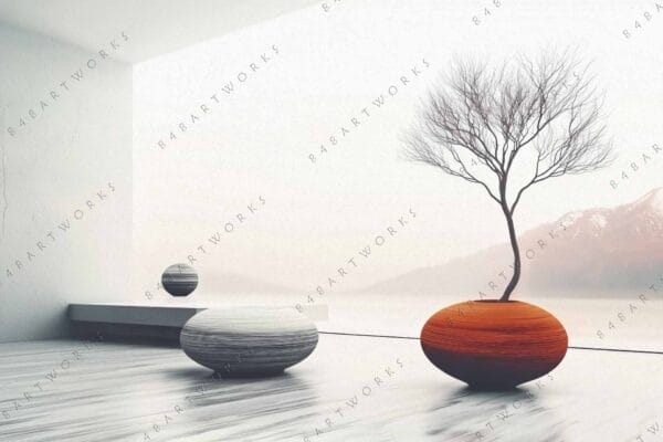 "Minimalist digital art of a tree in an orange vase with neutral background."