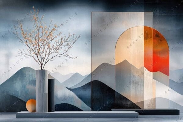 "Surrealist digital artwork of a tree and geometric shapes with mountains in muted tones."