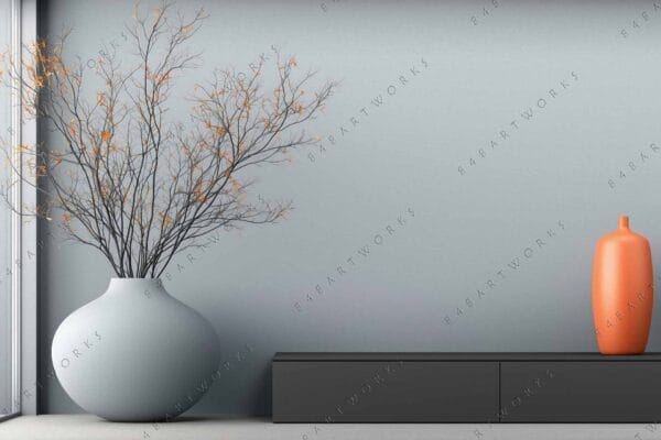 "Minimalist digital artwork of vases and branches against a light gray textured wall."