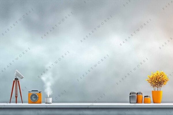 "Minimalist digital art of shelf with camera, vase, and telescope in gray tones."