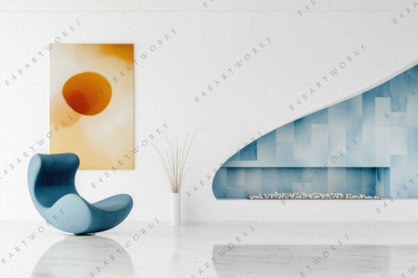 Minimalist interior with blue chair, abstract orange art, and geometric fireplace design.
