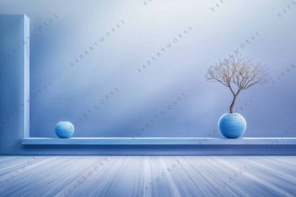 Minimalist photo of two blue vases on a light blue platform.