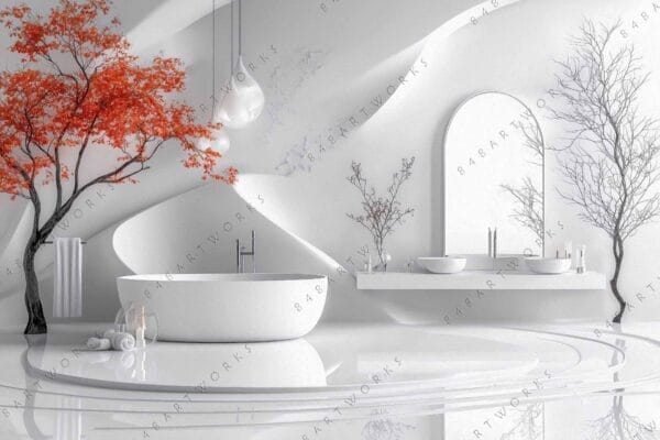 "Minimalist digital art of a white bathroom with red tree accents and modern fixtures."