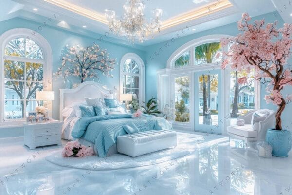 Luxurious bedroom with pale blue decor, cherry blossom trees, and large windows.