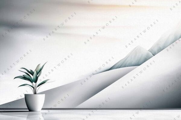 "Minimalist digital art of potted plant beside abstract snowy mountains in soft hues."