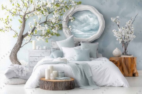 Serene bedroom with white bedding, pastel blue accents, and cherry blossom tree decor.