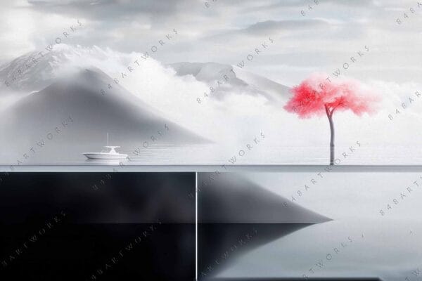 "Minimalist digital art of a red tree by a mountain with a white boat."