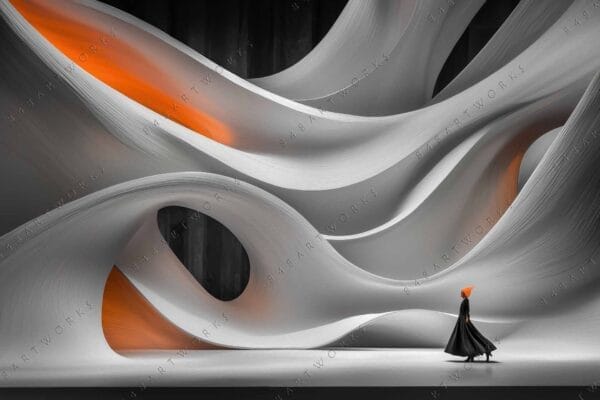 Surreal digital artwork of a figure walking among white and orange abstract waves.