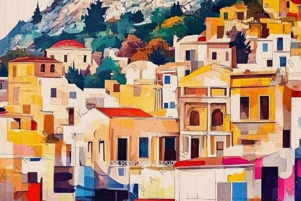 "Colorful digital painting of the Acropolis with vibrant buildings below on a sunny day."