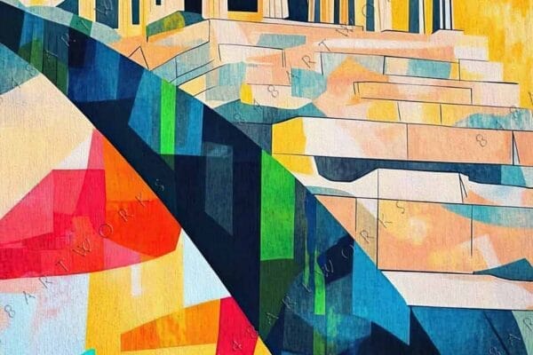 "Colorful abstract painting of ancient temple with geometric shapes in vibrant hues."