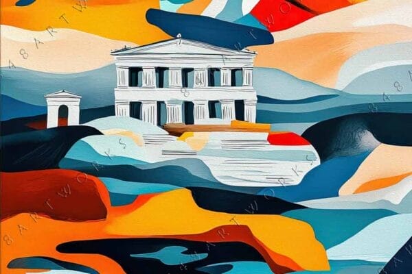 "Abstract digital art of Grecian ruins amidst vibrant swirls of orange, blue, and red."