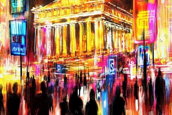 "Vibrant digital painting of a neon-lit Parthenon with colorful cityscape reflections."