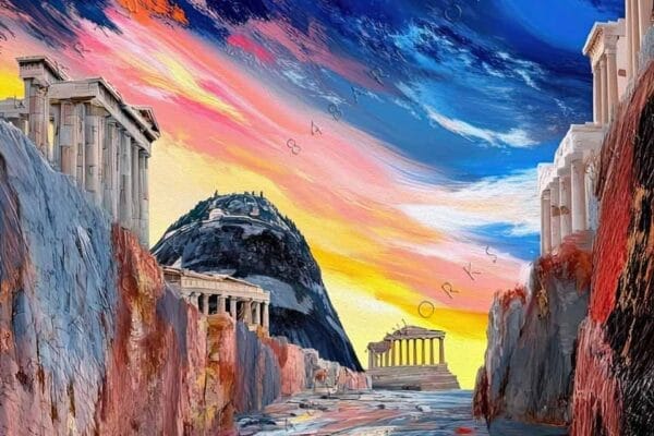 "Vibrant abstract painting of ancient ruins under a colorful, swirling sky."