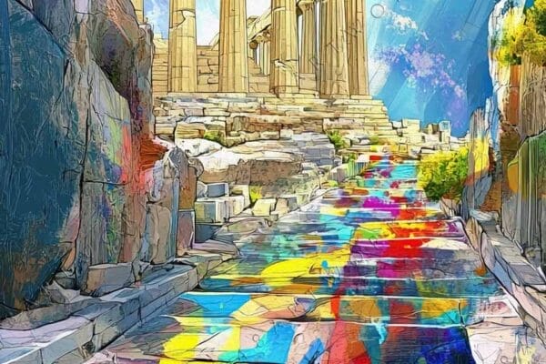 "Colorful digital painting of ancient ruins with vibrant mosaic pathway under a bright sky."