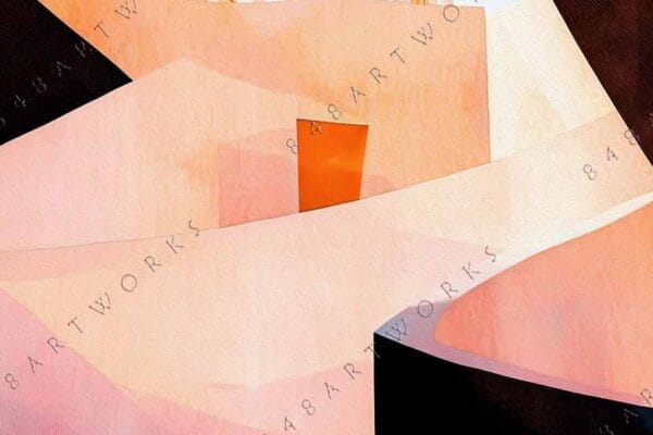 "Digital painting of abstract architecture in warm pink and orange with blue sky."