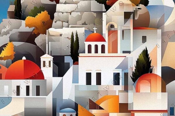"Geometric digital art of Greek architecture with vibrant orange and blue tones."