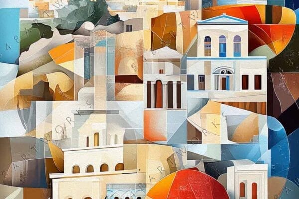 "Abstract digital art of Greco-Roman architecture with blue, orange, and beige geometric shapes."