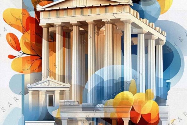 Digital painting of Greek temples with abstract geometric shapes in blue and orange tones.