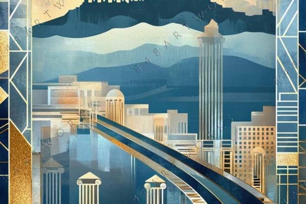 "Art Deco digital painting with cityscape, golden accents, and blue tones."