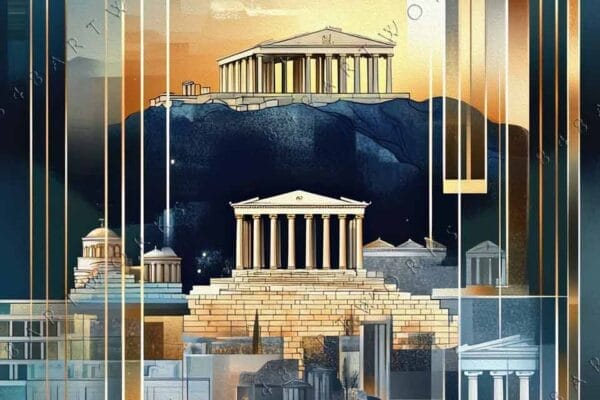 "Digital art depicting geometric buildings against a starry sky in blue and gold hues."
