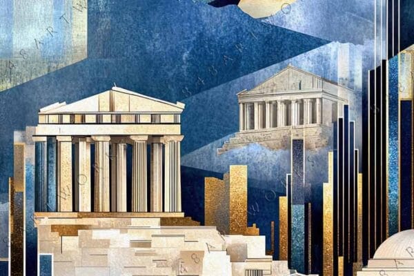 "Geometric digital artwork of ancient Greek architecture with gold and blue tones."
