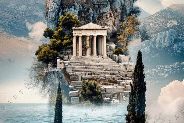 "Surreal digital artwork of Greek temples on floating islands amid clouds and mountains."