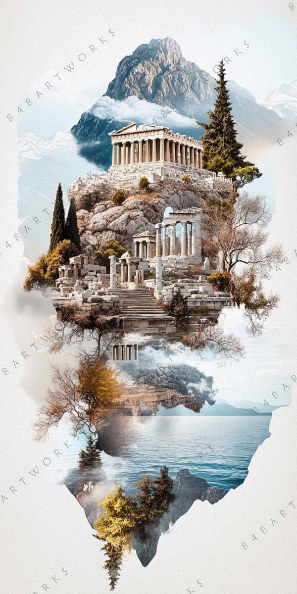 Surreal digital art of ancient Greek ruins merging with mountains and sea, in earthy tones.