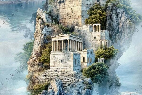 "Digital artwork of ancient Greek temple on rocky cliffs with a serene seascape."