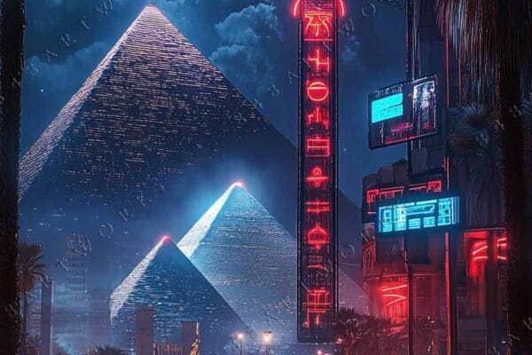 "Futuristic digital art of neon-lit pyramids under a glowing blue moon."