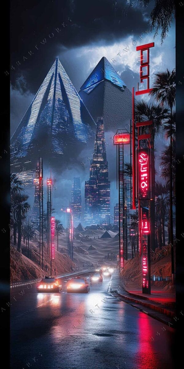Futuristic digital painting of a neon-lit city with pyramids and sleek buildings.