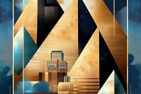"Art Deco digital painting with abstract geometric shapes in gold, blue, and black."