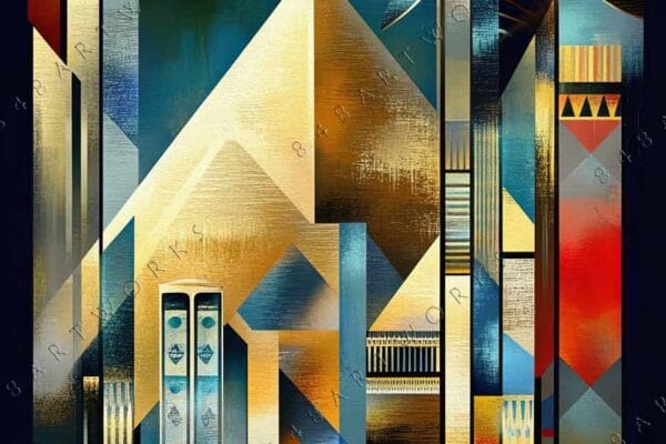 "Geometric abstract digital art with gold, blue, and red metallic textures."