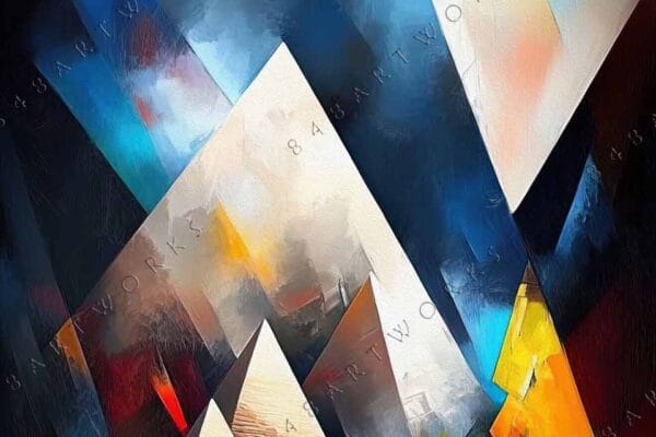 "Abstract digital painting of pyramids with vibrant red, blue, and gold geometric patterns."
