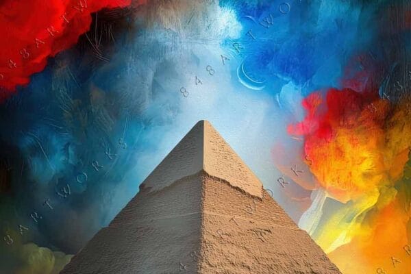 "Digital painting of a pyramid with swirling red, blue, and yellow abstract clouds."