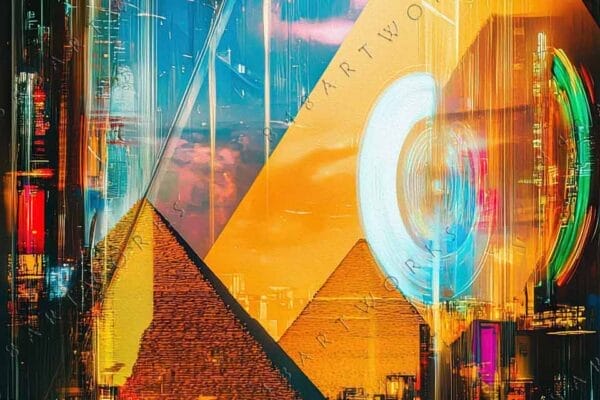 "Digital artwork of pyramids with neon lights and reflections in vibrant hues."