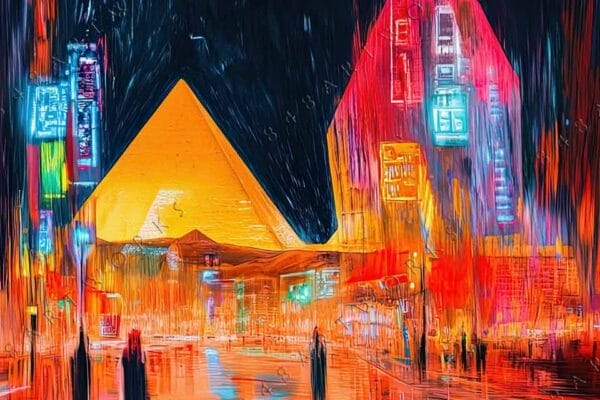 Abstract digital painting of neon-lit cityscape with blurred reflections in vibrant colors.