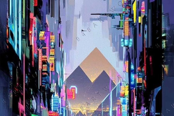 "Futuristic digital painting of a neon-lit cityscape with vibrant geometric shapes."
