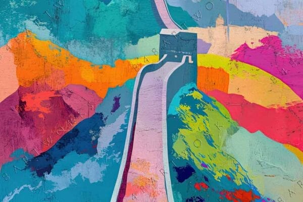 "Abstract digital painting of a winding road in vibrant orange, teal, and pink hues."