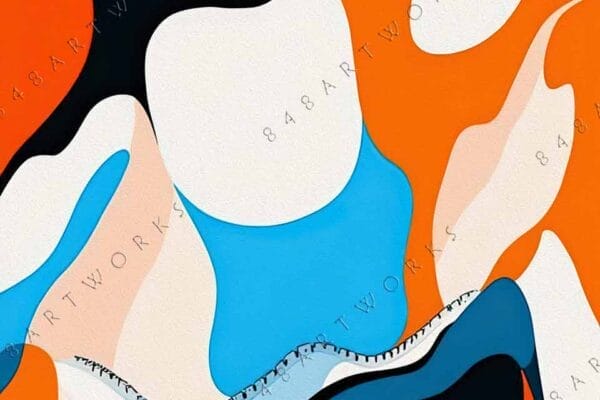 "Abstract digital art with bold orange, blue, black, and white curved shapes."