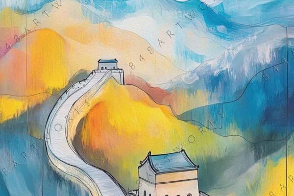 Digital painting of the Great Wall with vibrant yellow, blue, and red hues.