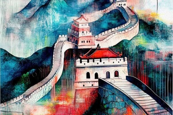 Abstract digital painting of the Great Wall amid vibrant red and blue hues.