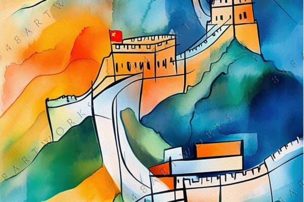 Abstract watercolor painting of the Great Wall of China in vibrant blues and oranges.